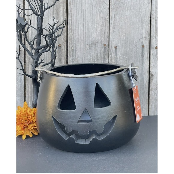 Martha Stewart Other - Martha Stewart Large Wooden Halloween Pumpkin Jack O Lantern Black Candy Bowl